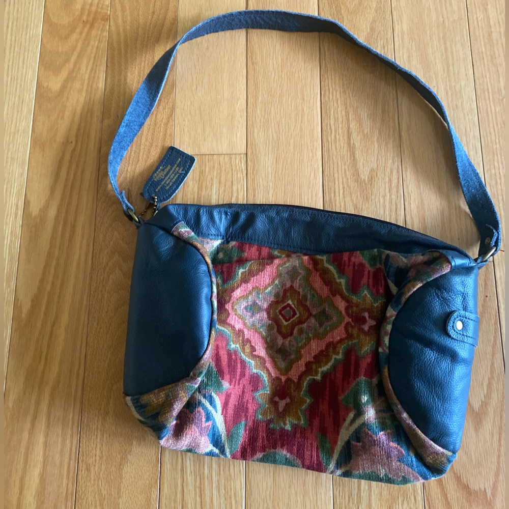 Blue Leather & Multicolor Pattern Crossbody Shoulder Bag